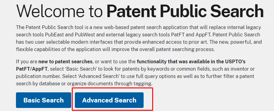 choose advanced or basic search in the US Patent database